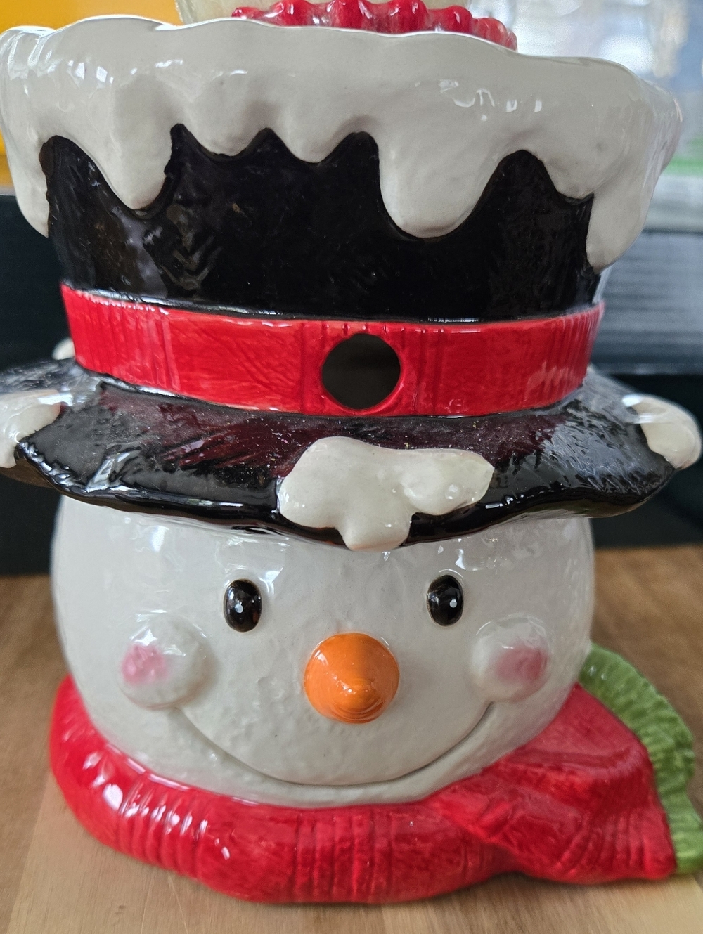 Yankee Candle Tealight Votive Holder Snowman Head 4" Vtg Shiny Ceramic Christmas